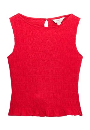 Haut rouge sans manches en tissu texturé, ourlet subtilement froufrouté, dos avec ouverture en forme de goutte et fermeture par bouton, étiquette de marque M&S visible au niveau du col.