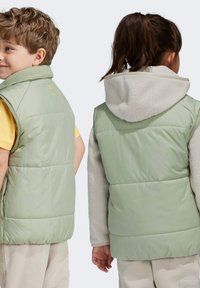 Gilet imbottito verde con fodera in pile e cappuccio. Il design per bambini presenta una texture trapuntata e un semplice logo sul retro.