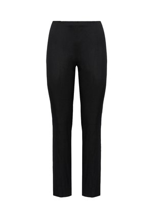 Pantalons noirs ajustés avec une jambe droite, un tissu lisse et une taille haute. Pas de matériel ou d'accents visibles.
