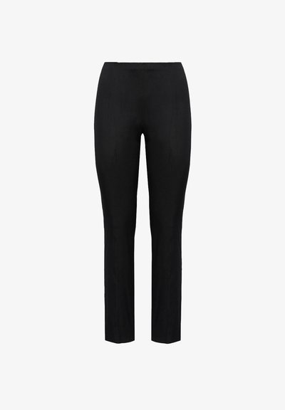Črne prilegajoče hlače s ravnim krojem, gladka tekstura tkanine in visok pas. Brez vidne strojne opreme ali dodatkov.