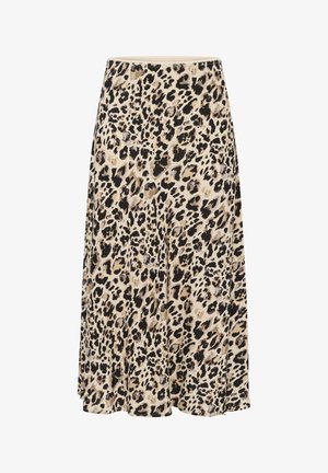 Falda de estampado de leopardo en beige y negro, hecha de tela suave. Cuenta con un diseño acampanado y una cinturilla elástica para mayor comodidad.