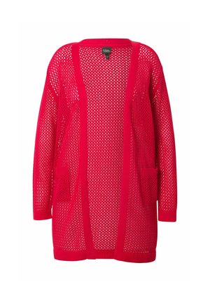 Rød, åbent strikket cardigan med lange ærmer og to frontlommer. Har ribbede manchetter og kant. Let og åndbar design.