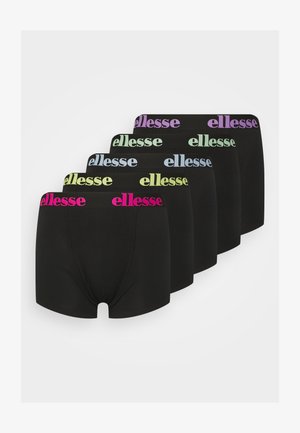 Black boxer briefs in a five-pack. Each has a colored "ellesse" logo waistband in pink, blue, green, yellow, and purple. Soft fabric, fitted design.