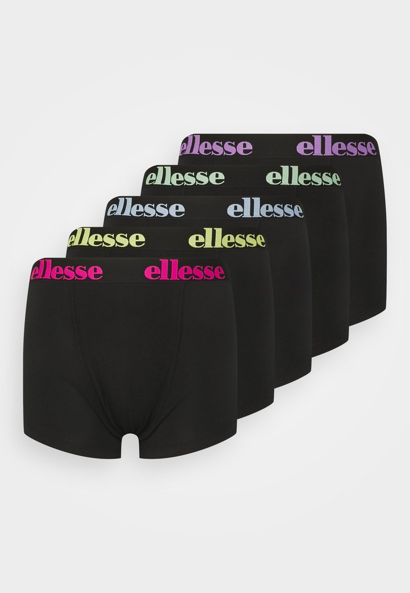 Svarta boxerkalsonger i fempack. Varje har en färgad midjeresår med "ellesse"-logotyp i rosa, blått, grönt, gult och lila. Mjuk tyg, åtsittande design.