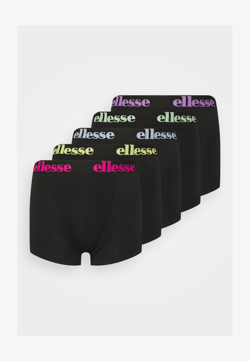 Boxers pretos em pack de cinco. Cada um tem uma cinta de logo "ellesse" colorida em rosa, azul, verde, amarelo e roxo. Tecido macio, design ajustado.