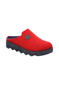 Red felt clog with a rounded upper and a black, textured sole featuring zigzag edges. Accented with red stitching and a logo patch.