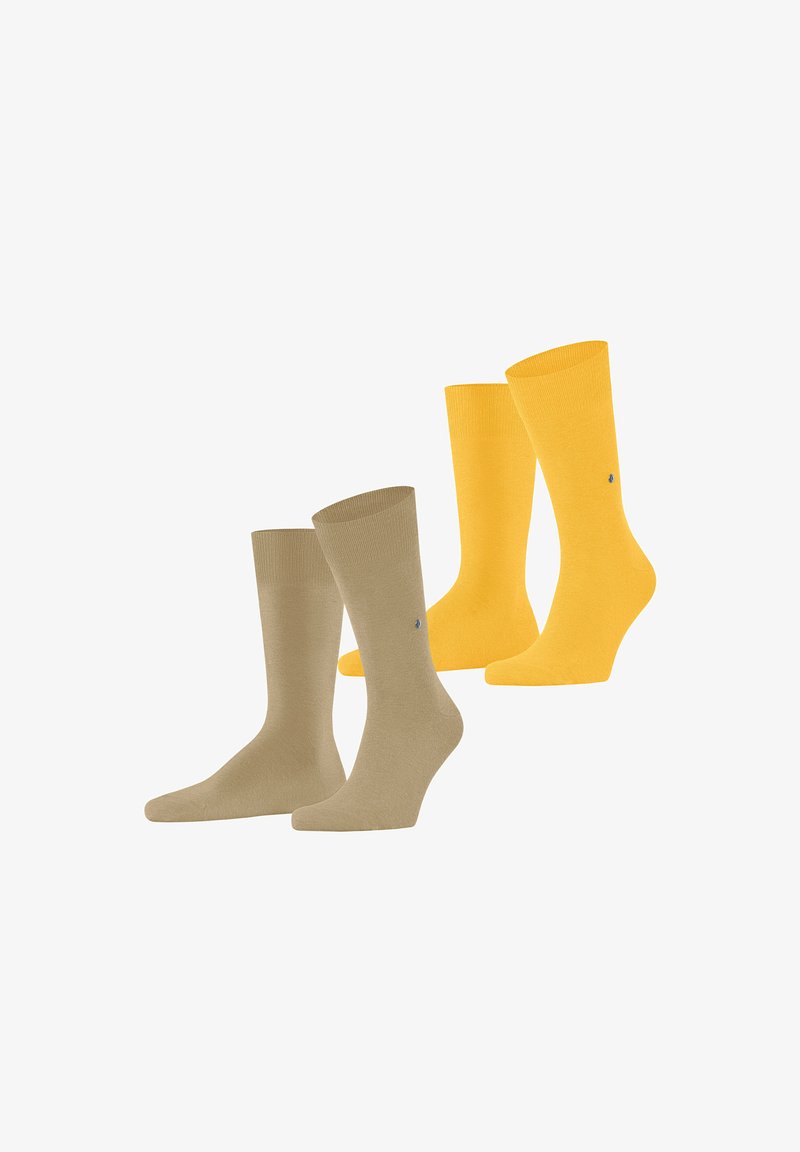 Deux paires de chaussettes : une paire beige et une paire jaune vif. Les deux sont en tissu lisse et extensible et disposent d'un dessus côtelé.