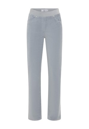 Lichtgrijze corduroy broek met een brede elastische tailleband, twee voorke pockets en een rechte pijpdesign. Zachte textuur met een subtiele glans.