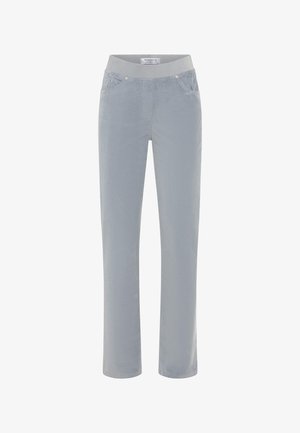 Pantaloni di velluto a coste grigio chiaro con una vasta cintura elastica, due tasche anteriori e design a gamba dritta. Texture morbida con una sottile lucentezza.