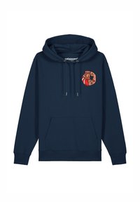 Hoodie bleu marine en mélange de coton, avec une poche avant, des cordons de serrage et un motif graphique circulaire dans des tons chaleureux sur la poitrine.