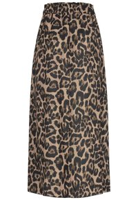 Fustă cu imprimeu leopard, cu un brâu elastic adunat, lungime până la jumătatea gambei, în nuanțe de bej și negru, cu o textură netedă.