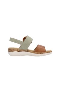 Two-tone sandal with a green leather upper and brown leather strap, cork midsole, and white rubber sole. Features an adjustable strap.