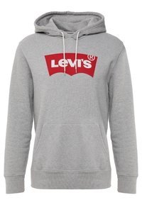 Sudadera gris de mezcla de algodón, con un gran logo rojo de Levi's en el frente, cordones ajustables, bolsillo frontal y puños y dobladillo acanalados.