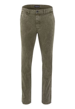 Olive green cotton trousers, straight leg design, featuring a button closure, front pockets, and a slightly faded texture.