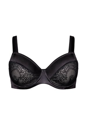 Black bra featuring a smooth satin finish and lace detailing on cups. Adjustable straps and underwire support. Classic design.
