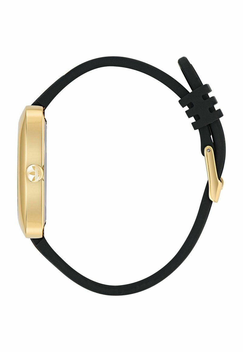 Goldfarbene runde Uhrengehäuse mit schwarzem Silikonarmband und goldener Schnalle, seitlich betrachtet, mit Krone und Logo.