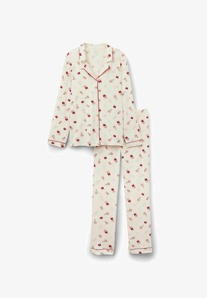 Kremowy komplet piżamy z długimi rękawami, zapinany na guziki, z czerwono-beżową kokardą i kwiatowymi wzorami, z czerwonym obszyciem kołnierzyka, mankietów i dołów spodni.