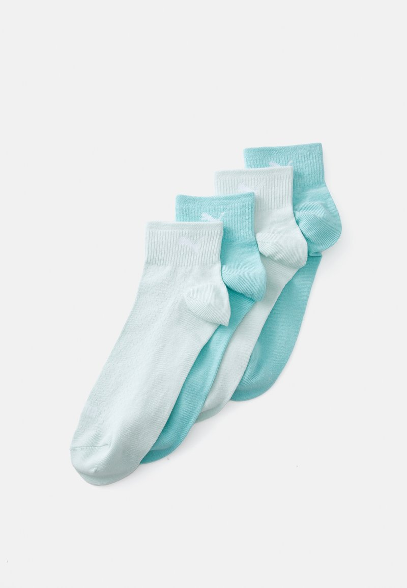 Quatro pares de meias de tornozelo em várias tonalidades de azul claro. Feitas de material suave, com punhos canelados e calcanhares reforçados. Detalhe do logótipo em branco.