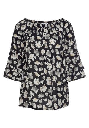 Zwarte off-the-shoulder blouse met een bloemendessin in wit en beige, voorzien van klokmouwen en een geraffineerde halslijn voor een ontspannen pasvorm.