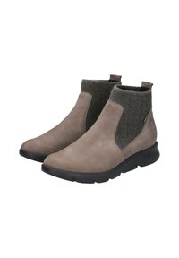 Bottines en suede gris avec semelles en caoutchouc noires, dotées d'un tissu en laine gris tricoté en haut et de panneaux élastiques sur les côtés pour un enfilage facile.