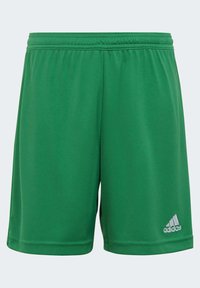 Groene sportieve shorts van lichtgewicht stof. Heeft een elastische tailleband en een wit Adidas-logo aan de rechteronderkant.