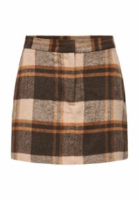 Wollen blend rok met een bruin, beige en oranje geruit patroon, een aansluitende pasvorm en een zachte textuur met een subtiele glans.