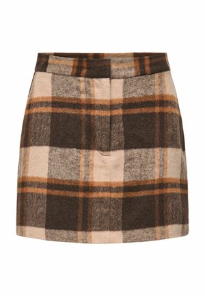 Jupe en mélange de laine présentant un motif à carreaux marron, beige et orange, une silhouette ajustée, et une texture lisse avec un léger éclat.