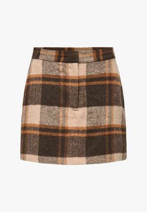 Jupe en mélange de laine présentant un motif à carreaux marron, beige et orange, une silhouette ajustée, et une texture lisse avec un léger éclat.