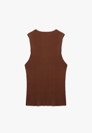 Brun ribbet ærmeløs top med rund halsudskæring og lige kant. Stofteksten er blød og strækbar, hvilket forbedrer komfort og pasform.