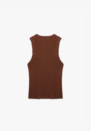 Brun ribbet ærmeløs top med rund halsudskæring og lige kant. Stofteksten er blød og strækbar, hvilket forbedrer komfort og pasform.