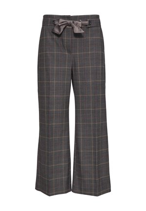 Gray plaid wide-leg trousers with a smooth texture, featuring a satin tie belt at the waist and a check pattern in red and brown accents.