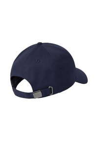 Marineblaue Baseballmütze mit gebogenem Schirm, verstellbarem Riemen und silbernem Metallzubehör. Hergestellt aus einem Stoff mit glatter Textur.
