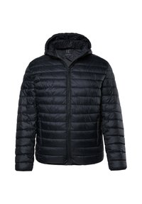 Sort puffjakke med lynlås fortil, hætte og quiltet design. Fremstillet af skinnende, let materiale, med elastiske manchetter og en tætsiddende form.