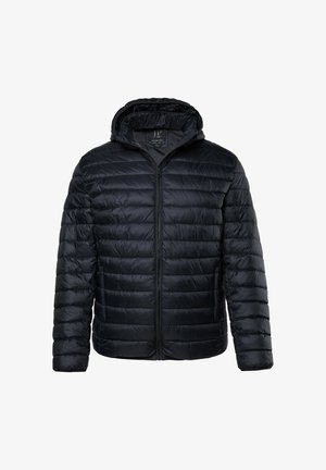 Black puffer jacket with a zip front, hood, and quilted design. Made from shiny, lightweight material, featuring elastic cuffs and a fitted shape.