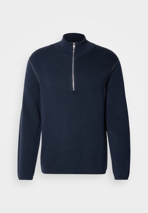 Navy blue knit pullover with half zipper and high collar. Features long sleeves and a smooth texture, with minimal accents and no patterns.
