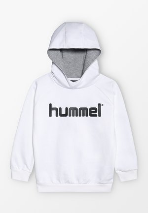 Felpa bianca con cappuccio interno grigio, caratterizzata da un grande logo nero "hummel" sul petto. Realizzata in un tessuto morbido e liscio.
