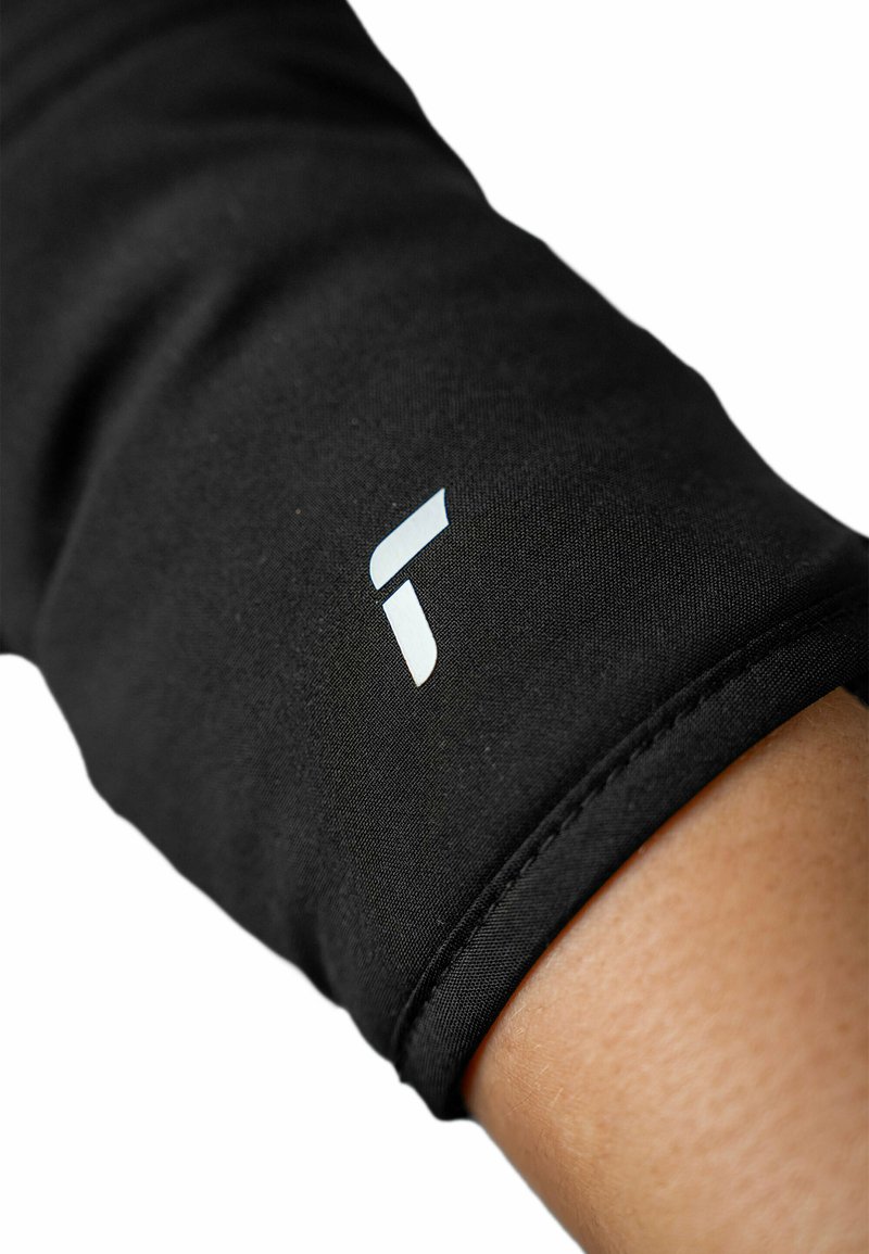 Black technical fabric arm sleeve featuring a small white logo. Close-up view shows smooth texture and subtle stitching details.
