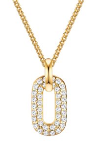 Zelta tonī veidota kaklarota ar ovālu kulonu, rotātu ar caurspīdīgiem kristāliem, ar savītu ķēdi, kas piešķir tekstūru un spīdumu.