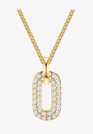 Aranyszínű nyaklánc ovális medállal, amelyet tiszta kristályok díszítenek, csavart lánccal a textúra és fényesség érdekében.