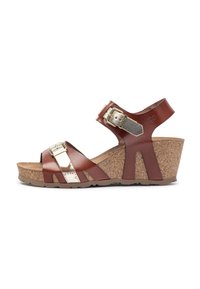 Bruine leren wedge sandalen met een kurken zool, voorzien van metalen accenten, verstelbare gespen en een open teen ontwerp met een gestructureerde afwerking.