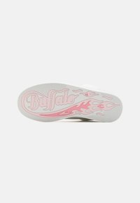 Buffalo sneaker sole in white with pink flame design and logo; textured surface with grip patterns for traction.