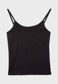 Sort ærmeløst camisole top med tynde dobbelte skulderstropper, lige kant og enkel syning på en ensfarvet baggrund.