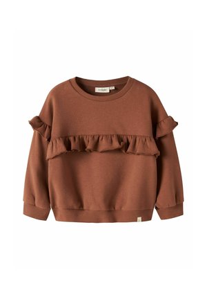 Sweat-shirt marron à manches longues avec col rond et détail de volants horizontaux sur la poitrine et le haut des manches, poignets et ourlet côtelés.