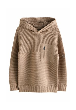 Beige gebreide hoodie met geribbelde textuur, voorzak met rits, lange mouwen en een klein label op de linkerarm.