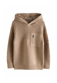 Beige gestrickter Hoodie mit gerippter Textur, vorderer Reißverschluss-Brusttasche, langen Ärmeln und kleinem Aufnäher am linken Arm.