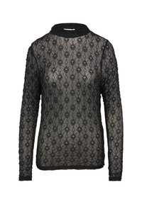 Zwarte lange mouwen top van doorzichtig kant, met een ruitpatroon en florale accenten, evenals een hoge halslijn. Zachte textuur met afwerking aan de randen.