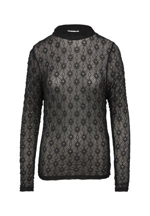 Schwarzes Langarmoberteil aus transparenter Spitze, das ein diamantförmiges Muster mit floralen Akzenten und einem hohen Ausschnitt zeigt. Weicher Stoff mit Besatz an den Kanten.