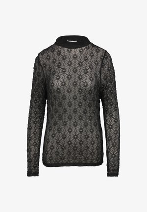 Schwarzes Langarmoberteil aus transparenter Spitze, das ein diamantförmiges Muster mit floralen Akzenten und einem hohen Ausschnitt zeigt. Weicher Stoff mit Besatz an den Kanten.