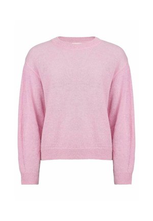 Helle pinke gestrickte Pullover mit rundem Ausschnitt, überschnittenen Schultern und langen Ärmeln. Weiche Textur, lockere Passform und gerippte Saumdetails.