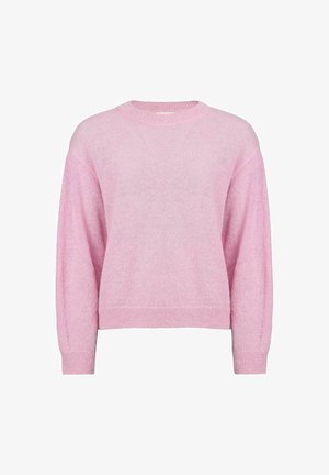 Gaiši rozā adīta džemperis ar apaļu kakla izgriezumu, noliektiem pleciem un garām piedurknēm. Mīksta tekstūra, brīva piegriezuma un ribota apmale.